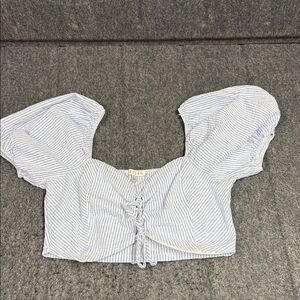 Cefian Chic Blue and White Striped Puff Sleeve Blouse